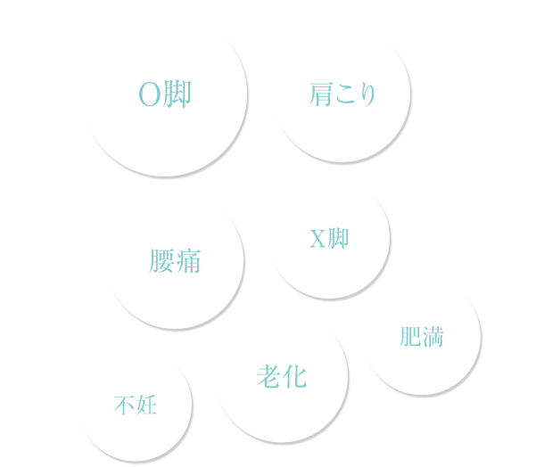 O脚・肩こり・腰痛・X脚・不妊・老化・肥満